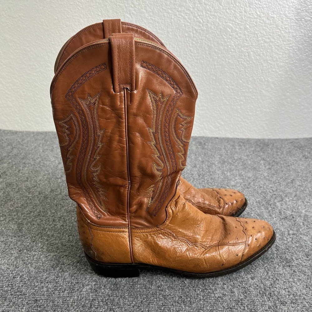 Dan Post Ostrich Cowboy Boots Mens 12D Brown Full Quill Western Vintage